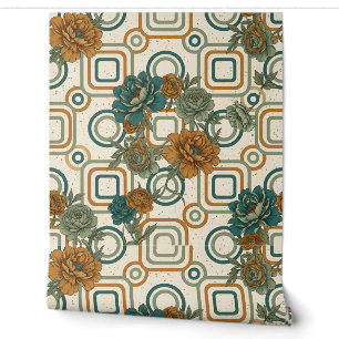 Modern 1970s Tessellating Peony Wallpaper in Amber