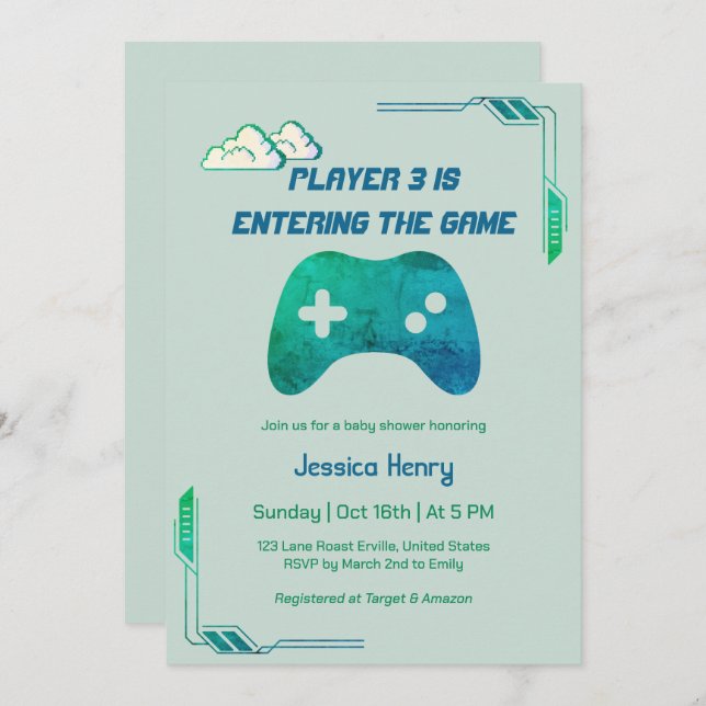 Modern 1974 Video Game Player 3 Gaming Baby Shower Invitation (Front/Back)