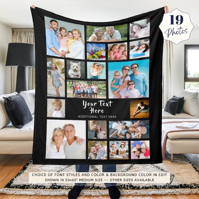 Modern 19 Photo Collage Personalised Black Fleece Blanket (Creator Uploaded)