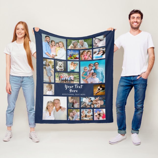 Modern 19 Photo Collage Personalised Navy Blue Fleece Blanket (In Situ)