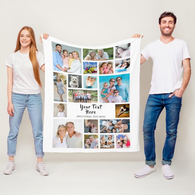 Modern 19 Photo Collage Personalised White Fleece Blanket (In Situ)