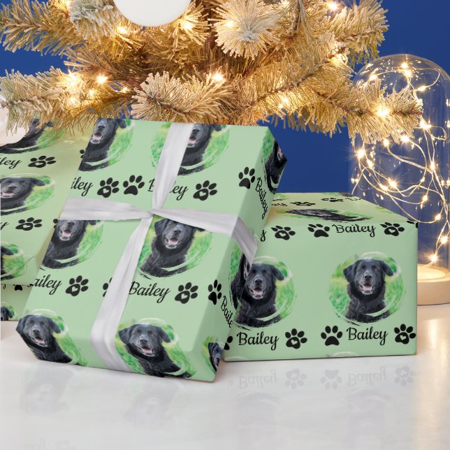 Modern 1 Pet Paw Print photo name Green  Wrapping Paper (Holidays)