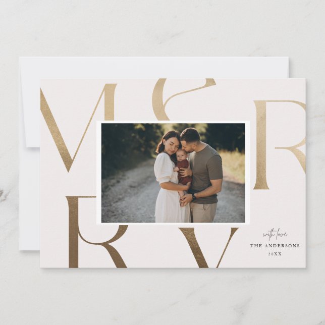 Modern 1 Photo Faux Gold Merry Christmas Holiday  (Front)