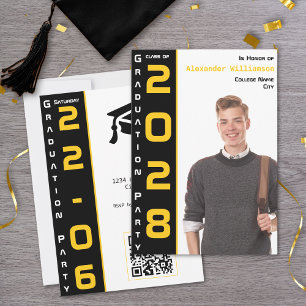 Modern 1 Photo Gold Black QR Code Grad Party Invitation