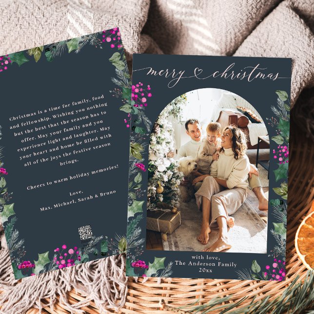 Modern 1 Photo Pink Foliage Blue Christmas Card (Creator Uploaded)