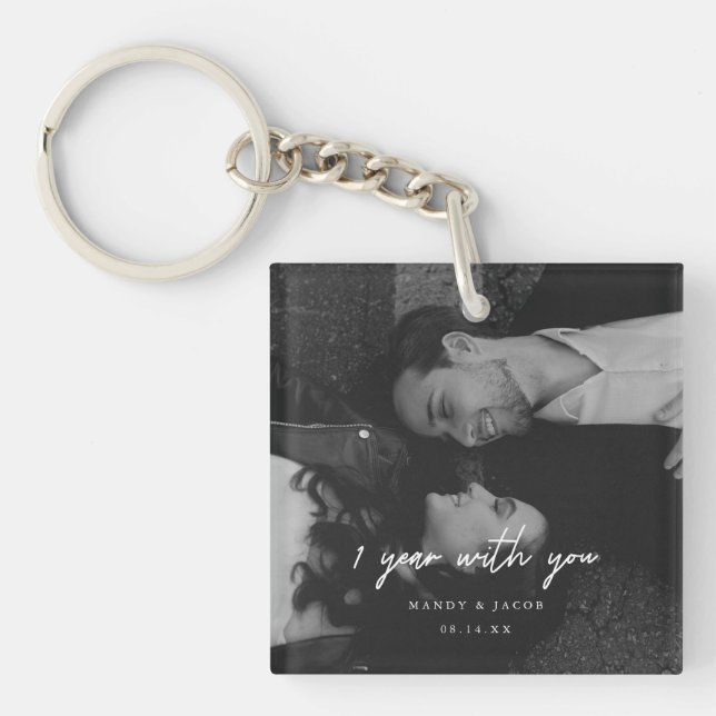 Modern 1-Year Anniversary Wedding Photo Key Ring (Front)