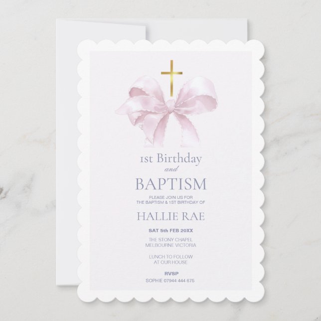 Modern 1st Birthday and Baptism with Pink Bow Invitation (Front)