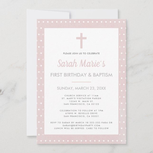 Modern 1st Birthday Baptism Girl Pink Polka Dot Invitation (Front)