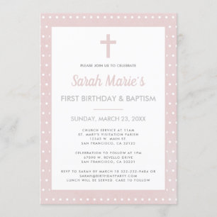 Modern 1st Birthday Baptism Girl Pink Polka Dot Invitation