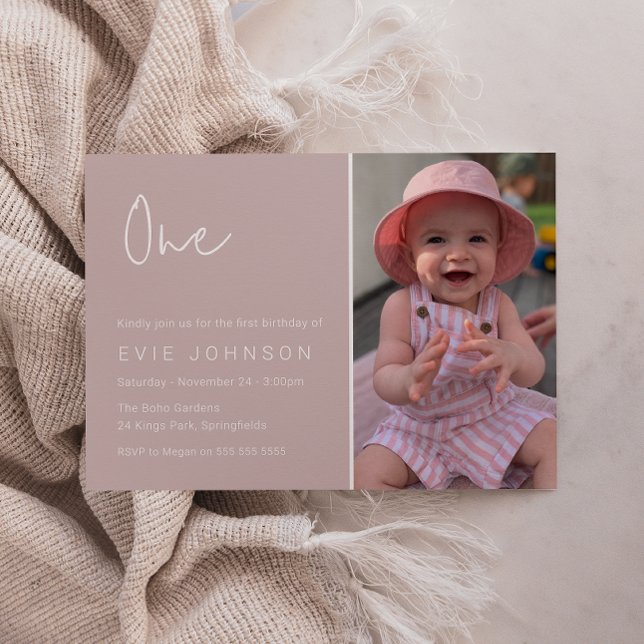 Modern 1st Birthday Party Blush Pink Photo Invitation (Creator Uploaded)