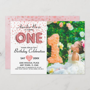 Modern 1st Birthday Pink Confetti Balloon Script  Invitation