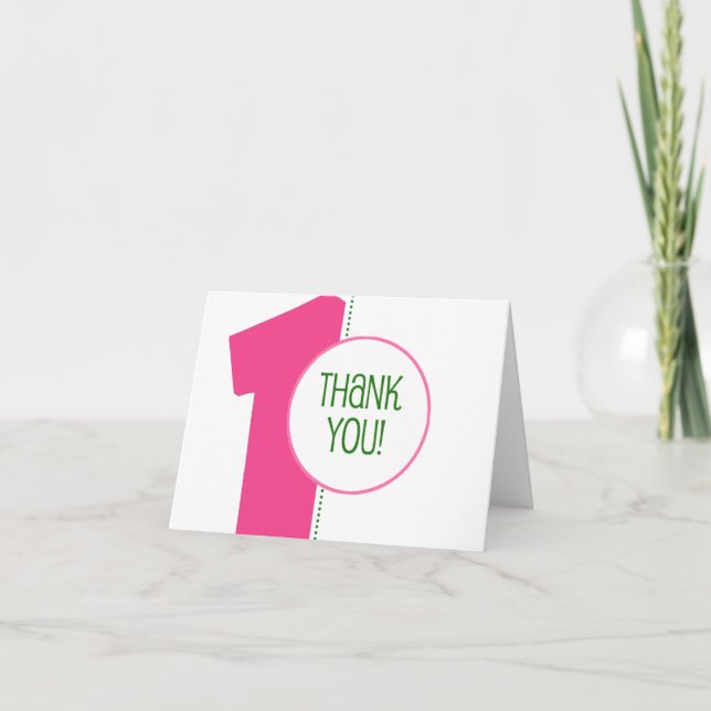 Modern 1st Birthday Thank You Notes-Pink/Green (Front)