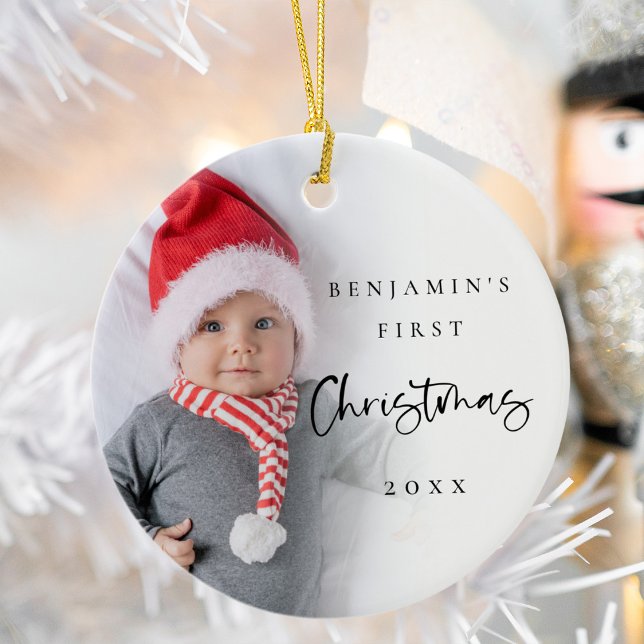 Modern 1st Christmas Baby Name Year Photo  Ceramic Tree Decoration (Same design on both sides)