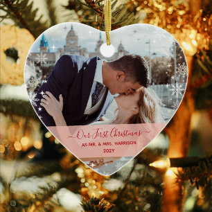 Modern 1st Christmas Mr Mrs 1 Photo Heart Shaped Ceramic Tree Decoration