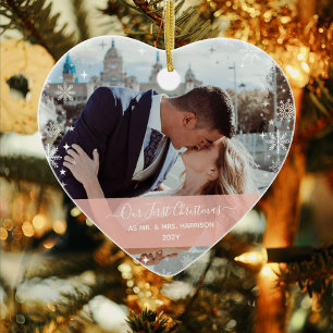 Modern 1st Christmas Mr Mrs 1 Photo Heart Shaped Ceramic Tree Decoration
