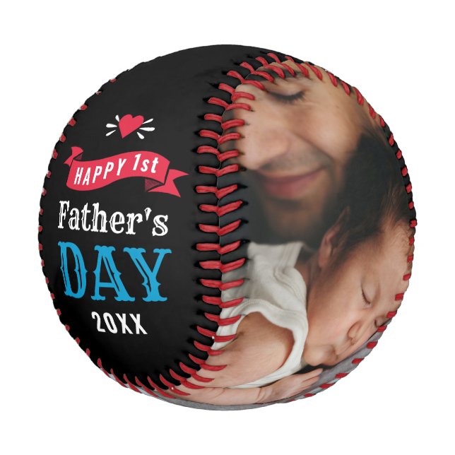 Modern 1st Fathers Day Baby Photo Typography Black Baseball (Angled)