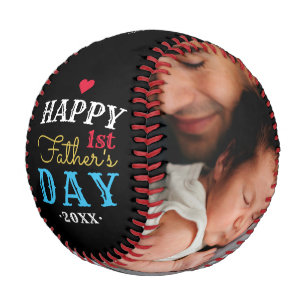 Modern 1st Fathers Day Typography Baby Photo Black Baseball