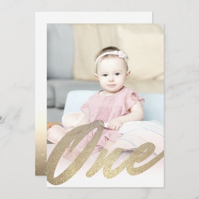 Modern 1st First Birthday Gold Glitter Girls Photo Invitation (Front/Back)