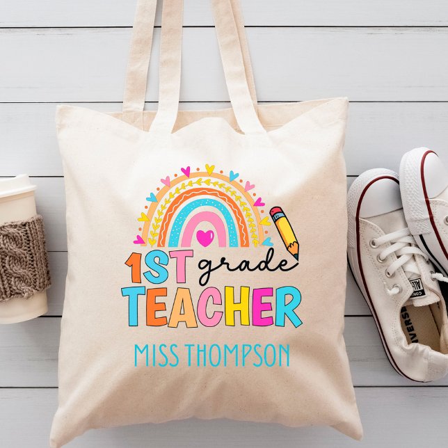 Modern 1st Grade Rainbow Teacher  Personalised    Tote Bag (Creator Uploaded)