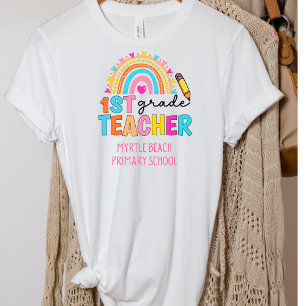 Modern 1st Grade Rainbow Teacher School Name T-Shirt