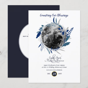 Modern 1st Wedding Anniversary PHOTO Blue Wreath Invitation