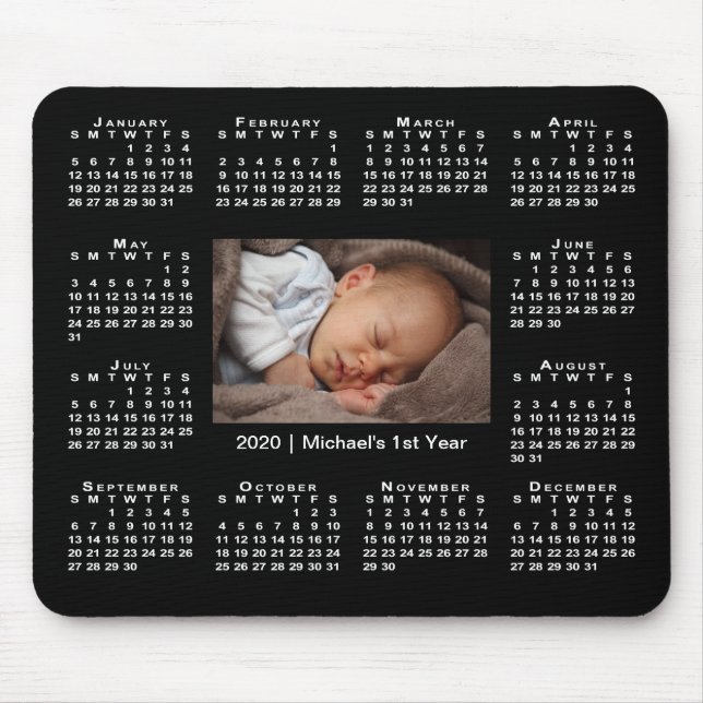 Modern 2020 Calendar Your Photo and Name on Black Mouse Mat (Front)