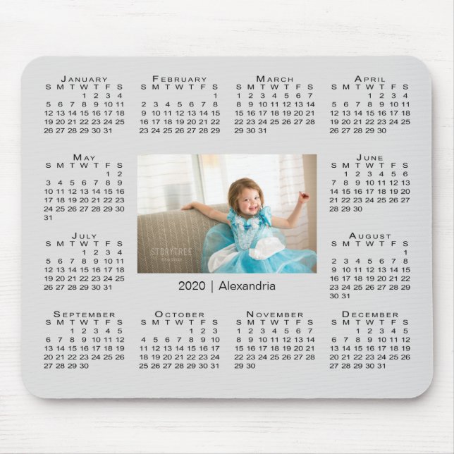 Modern 2020 Calendar Your Photo and Name on Grey Mouse Mat (Front)