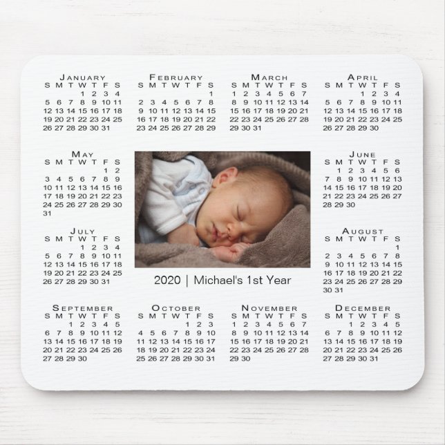 Modern 2020 Calendar Your Photo and Name on White Mouse Mat (Front)