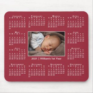 Modern 2021 Calendar Your Photo Name on Burgundy Mouse Mat