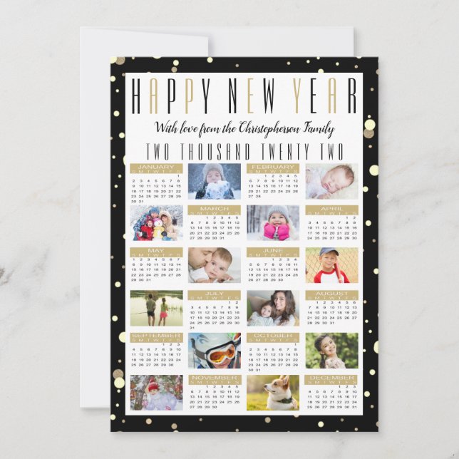 Modern 2022 Calendar Black Gold 12 Photo Collage Holiday Card (Front)