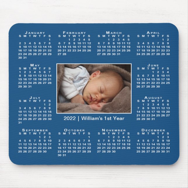 Modern 2022 Calendar Your Photo Name on Blue Mouse Mat (Front)