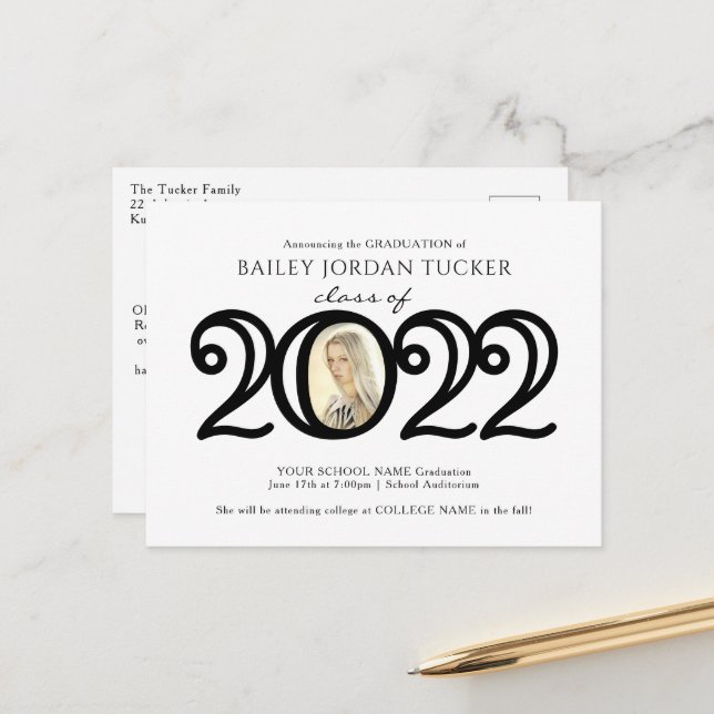 Modern 2022 Photo Graduation Announcement Postcard (Front/Back In Situ)