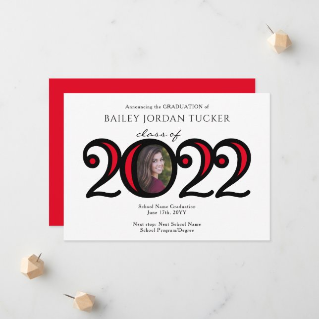 Modern 2022 School Colours Photo Red Graduation Announcement (Front/Back In Situ)