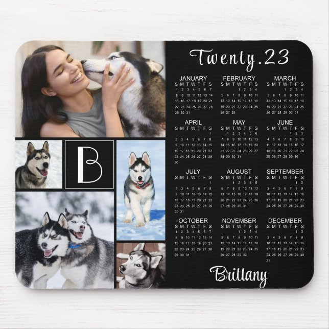 Modern 2023 Calendar Monogram Script Name 5 Photo Mouse Mat (Front)