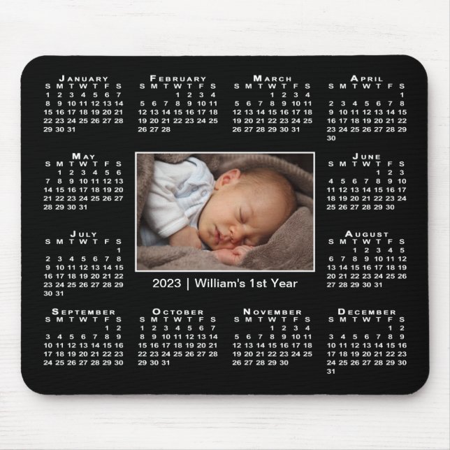 Modern 2023 Calendar Your Photo Name on Black Mouse Mat (Front)