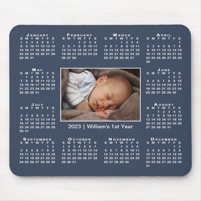 Modern 2023 Calendar Your Photo Name on Navy Blue Mouse Mat (Front)
