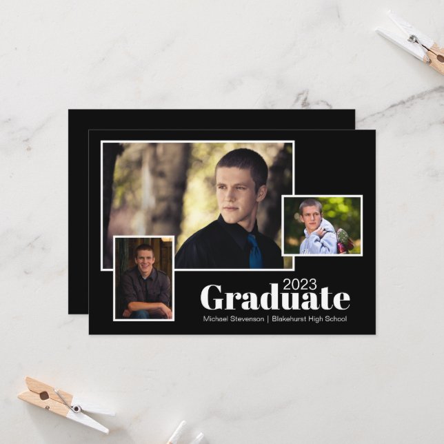 Modern 2023 Three Photo Black Graduation Party Invitation (Front/Back In Situ)