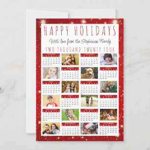 Modern 2024 Calendar 12 Photo Red White Lights Holiday Card