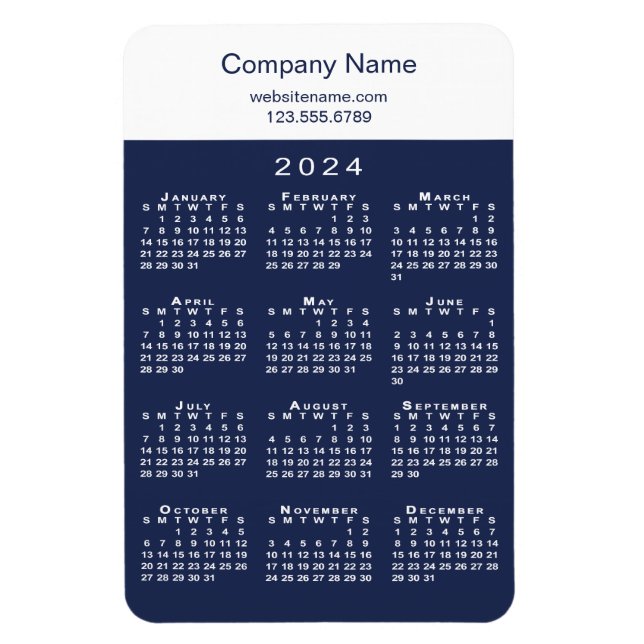 Modern 2024 Calendar Company Name Info Navy White Magnet (Vertical)