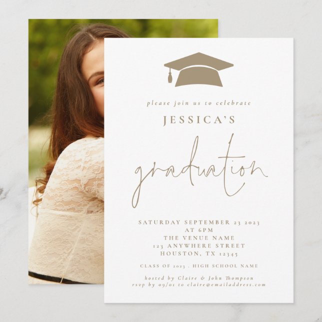 Modern 2024 Graduation Photo Cap Champagne Gold Invitation (Front/Back)