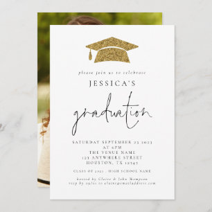 Modern 2024 Graduation Photo Gold Glitter Cap Invitation