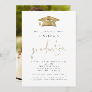 Modern 2024 Graduation Photo Gold Grad Cap Invitat Invitation