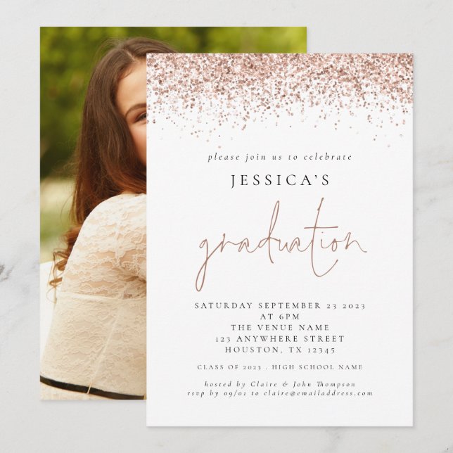 Modern 2024 Graduation Photo Rose Gold Glitter Invitation (Front/Back)