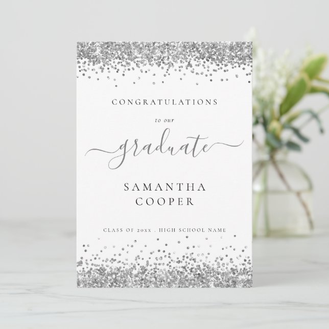 Modern 2024 Graduation Silver Glitter Announcement (Standing Front)