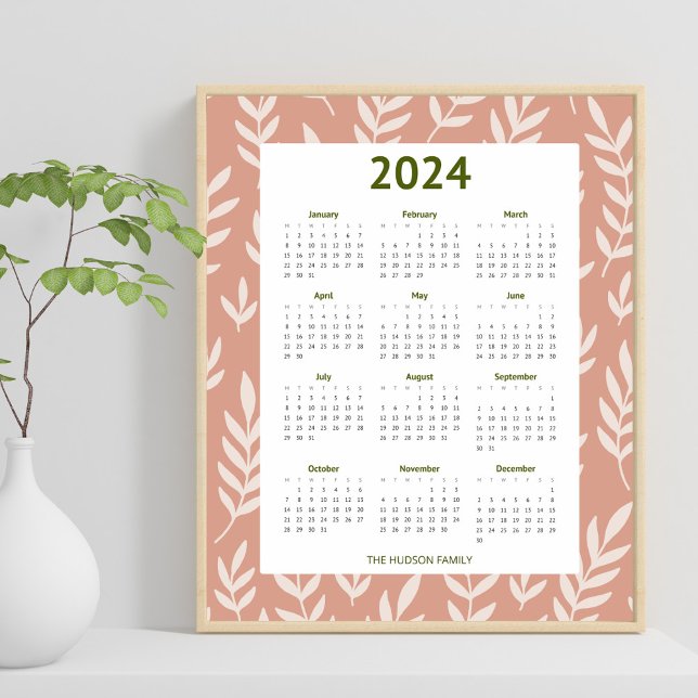 Modern 2024 Peachy Leaf Pattern Calender Poster (Creator Uploaded)