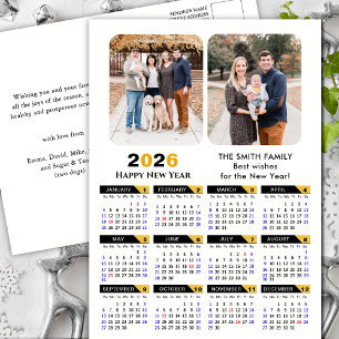 Modern 2025 Calendar Family 2 Photo Black Gold Holiday Postcard
