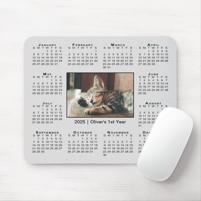 Modern 2025 Calendar Your Photo Name on Grey Mouse Mat (With Mouse)
