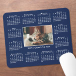 Modern 2025 Calendar Your Photo Name on Navy Blue Mouse Mat<br><div class="desc">Modern 2025 calendar features your photo and name in the middle. Replace the sample image and text with your own in the sidebar. Your photo has a thin white border and is surrounded by an easy to read white calendar on a navy blue background. Makes a great gift for pet...</div>