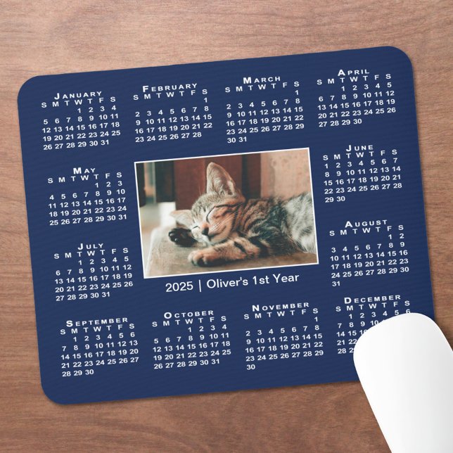 Modern 2025 Calendar Your Photo Name on Navy Blue Mouse Mat (Modern 2025 Calendar Your Photo Name on Navy Blue Mouse Pad in situ)