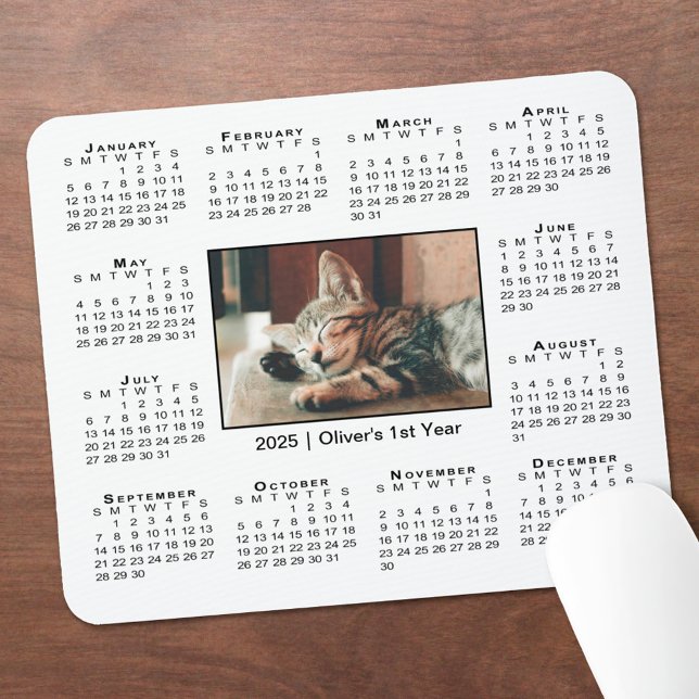 Modern 2025 Calendar Your Photo Name on White Mouse Mat (Modern 2025 Calendar Your Photo Name on White Mouse Pad in situ)